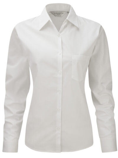 Russell Collection Ladies' Long Sleeve Pure Cotton Easy Care Poplin Shirt White