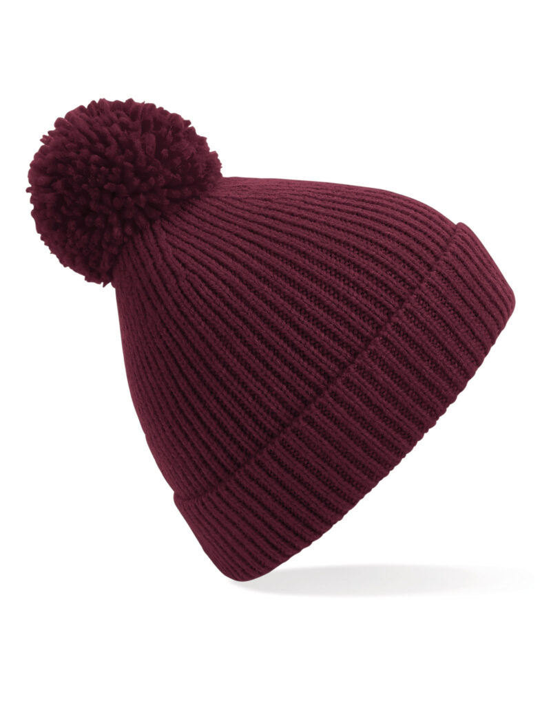 Beechfield Engineered Knit Ribbed Pom Pom Beanie Burgundy