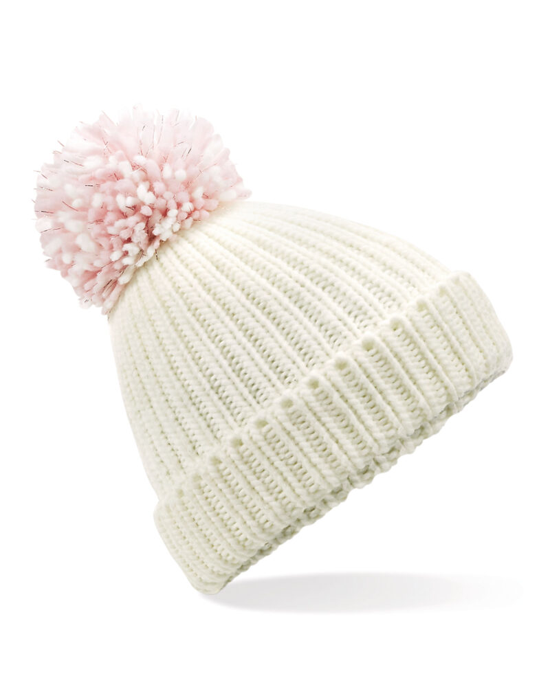 Beechfield Shimmer Pom Pom Beanie Off White and Pastel Pink