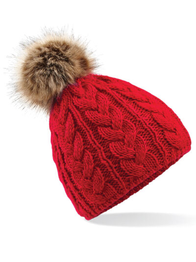 Beechfield Faux Fur Pom Pom Cable Beanie Classic Red