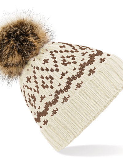 Beechfield Fair Isle Faux Fur Pop Pom Beanie Off White and Mocha