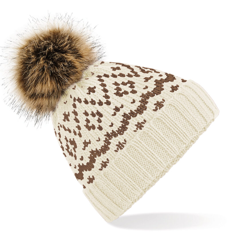 Beechfield Fair Isle Faux Fur Pop Pom Beanie Off White and Mocha