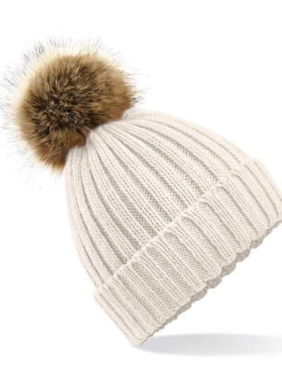 Beechfield Faux Fur Pom Pom Chunky Beanie Oatmeal