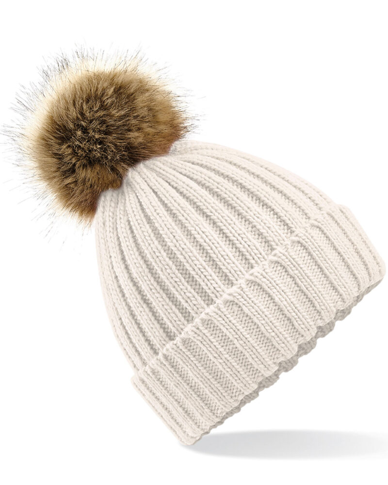 Beechfield Faux Fur Pom Pom Chunky Beanie Oatmeal