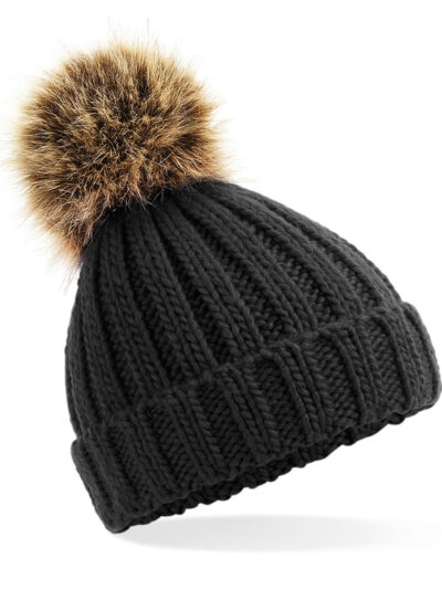 Beechfield Infant Faux Fur Pom Pom Chunky Beanie Black