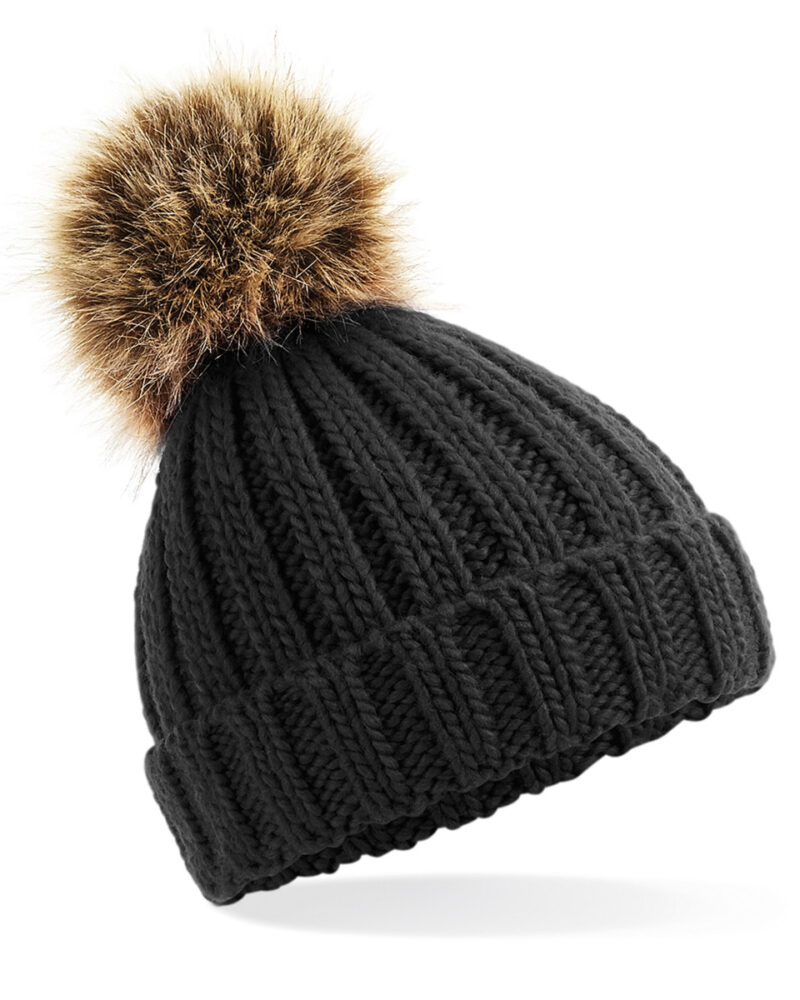 Beechfield Infant Faux Fur Pom Pom Chunky Beanie Black