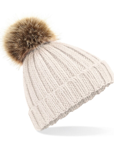 Beechfield Junior Faux Fur Pom Pom Chunky Beanie Oatmeal