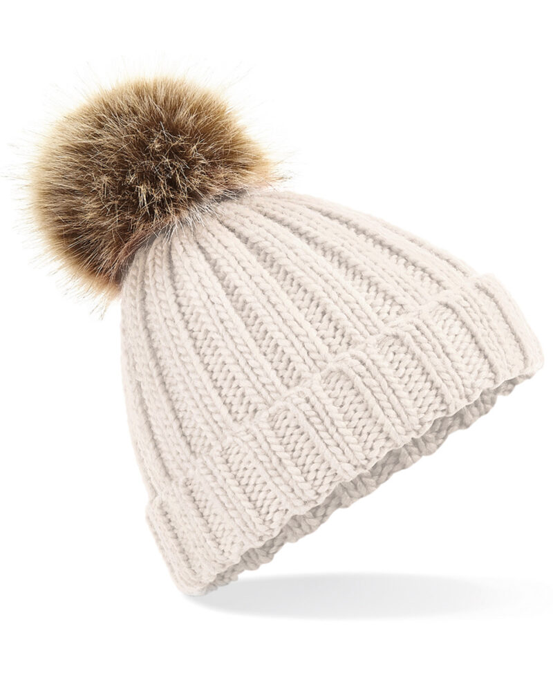 Beechfield Junior Faux Fur Pom Pom Chunky Beanie Oatmeal