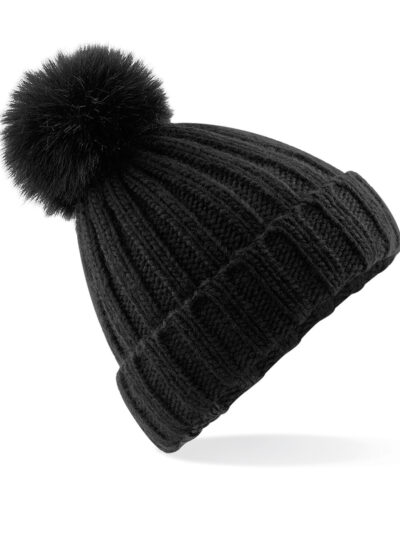 Beechfield Verbier Faux Fur Pop Pom Chunky Beanie Black