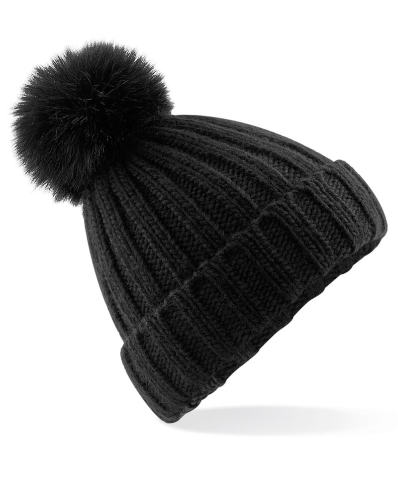 Beechfield Verbier Faux Fur Pop Pom Chunky Beanie Black