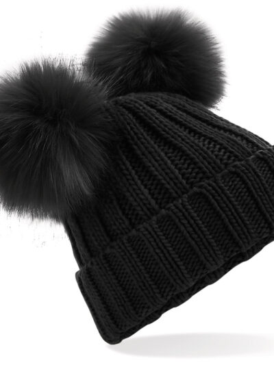 Beechfield Faux Fur Double Pop Pom Beanie Black