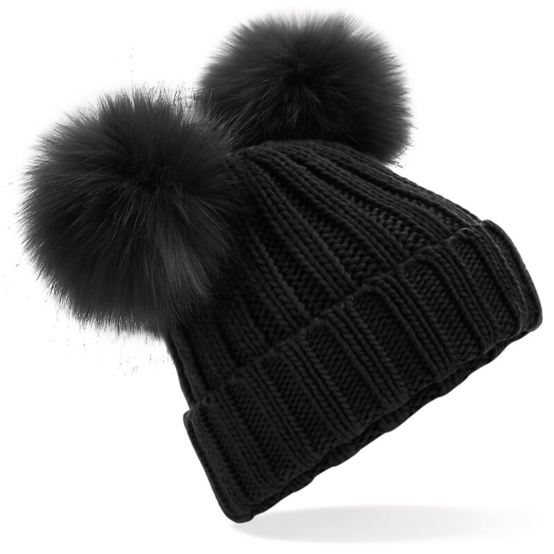 Beechfield Faux Fur Double Pop Pom Beanie Black