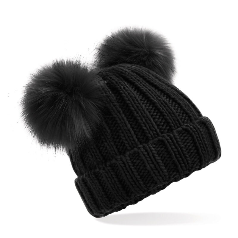 Beechfield Junior Faux Fur Double Pom Pom Beanie Black