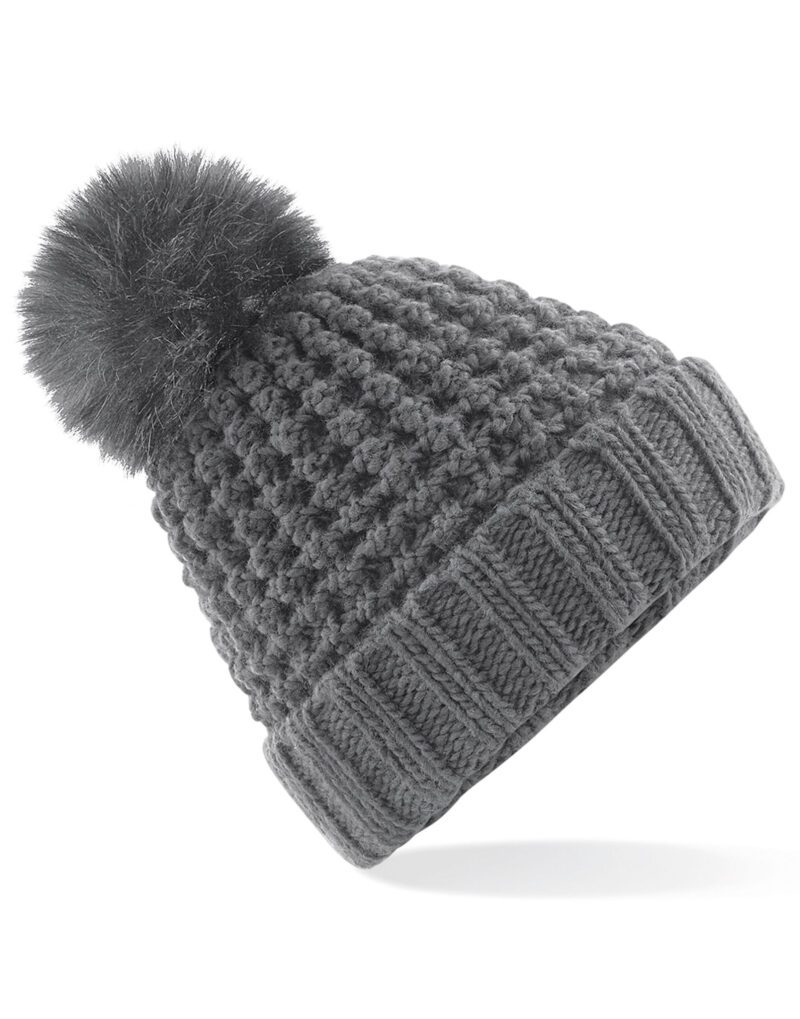 Beechfield Popcorn Faux Fur Pop Pom Beanie Graphite Grey