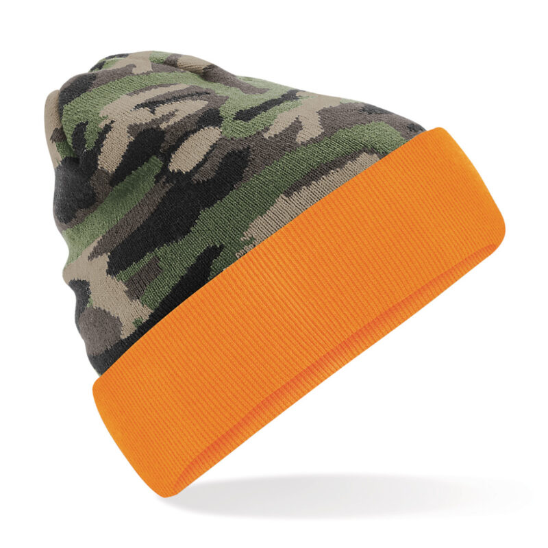 Beechfield Camo Cuffed Beanie Jungle Camo and Orange