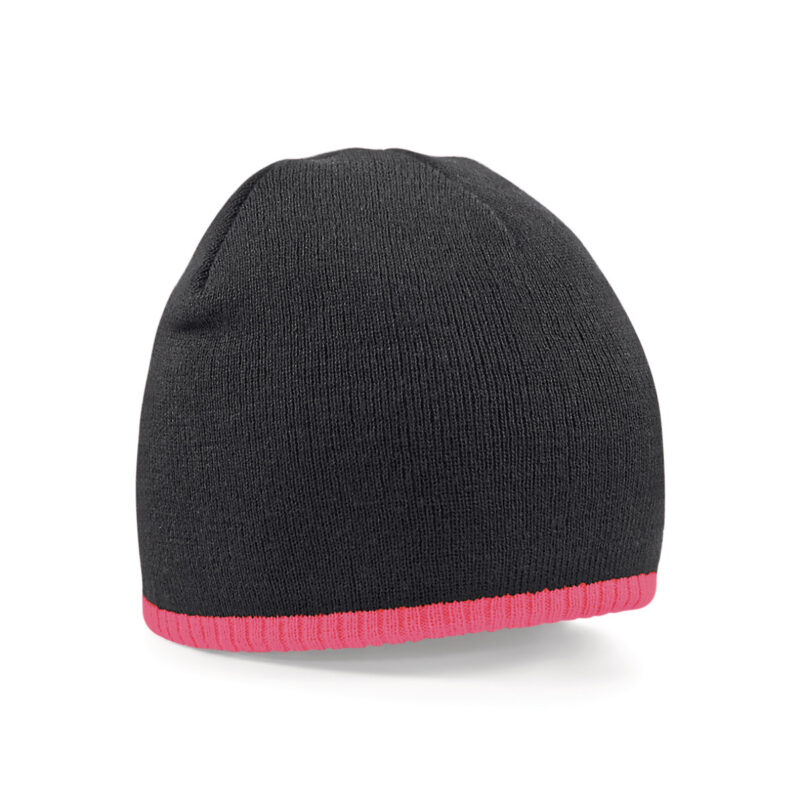 Beechfield Two-Tone Pull On Beanie Black and Flourescent Pink