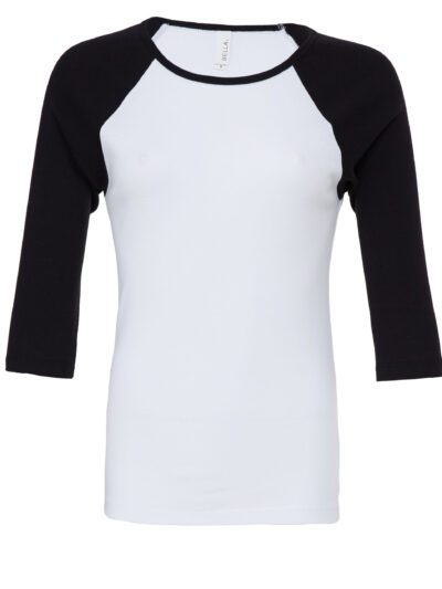 Bella Women's Baby Rib 3/4 Sleeve Contrast Raglan Tee White and Black