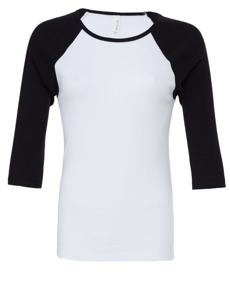 Bella Women's Baby Rib 3/4 Sleeve Contrast Raglan Tee White and Black