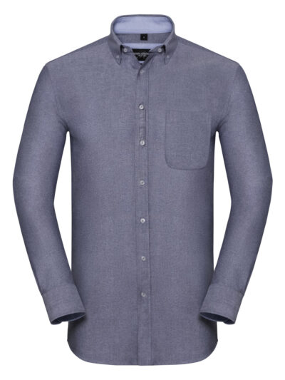 Russell Collection Men's Long Sleeve Tailored Washed Oxford Shirt Oxford Navy and Oxford Blue