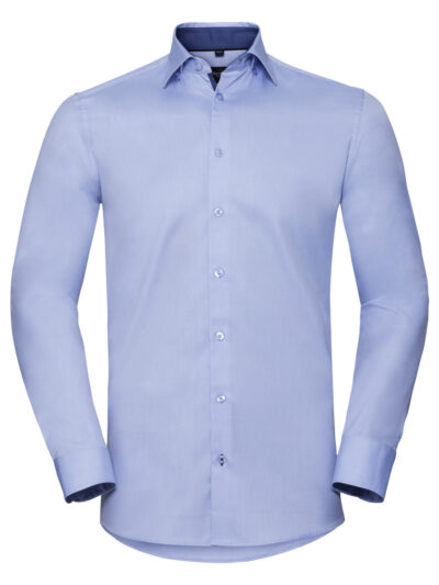 Russell Collection Men's Long Sleeve Tailored Contrast Herringbone Shirt  Light Blue and Mid Blue and Bright Navy