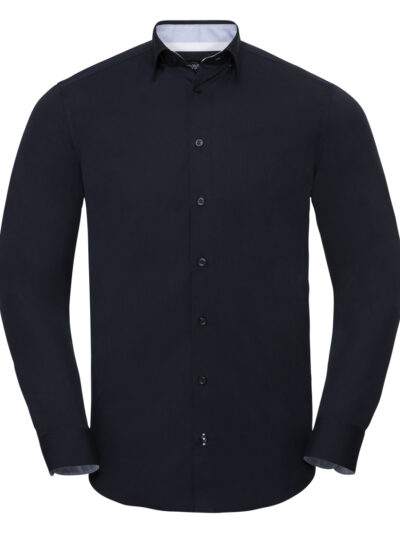 Russell Collection Men's Long Sleeve Tailored Contrast Ultimate Stretch Shirt  Bright Navy and Oxford Blue and White