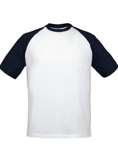 B&C Mens S/Sleeve Baseball Tee White and Navy