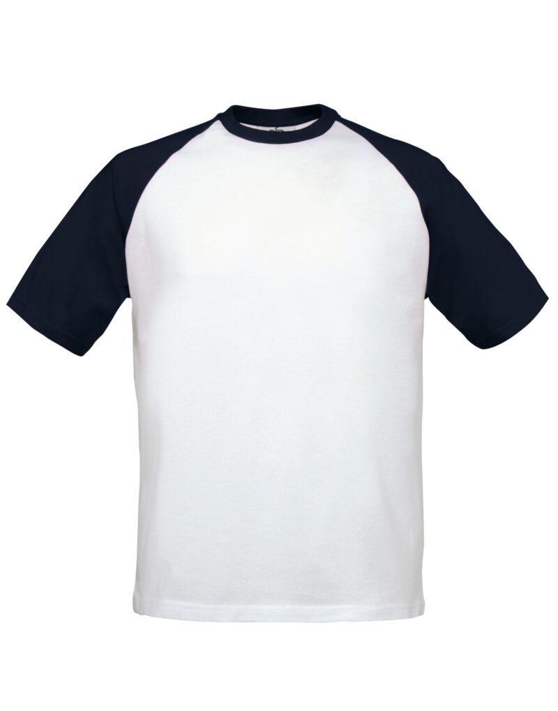 B&C Mens S/Sleeve Baseball Tee White and Navy